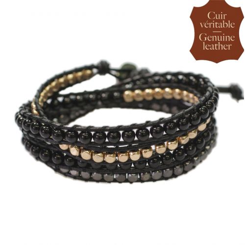 Bracelet chanluu cuir perles et hématites 5218 Noir (Noir, Gris, Doré) - 9424-26664
