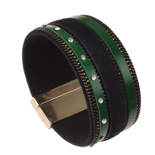 Leather and fur cuff bracelet Ofelie 8985 Green - 9615-28293