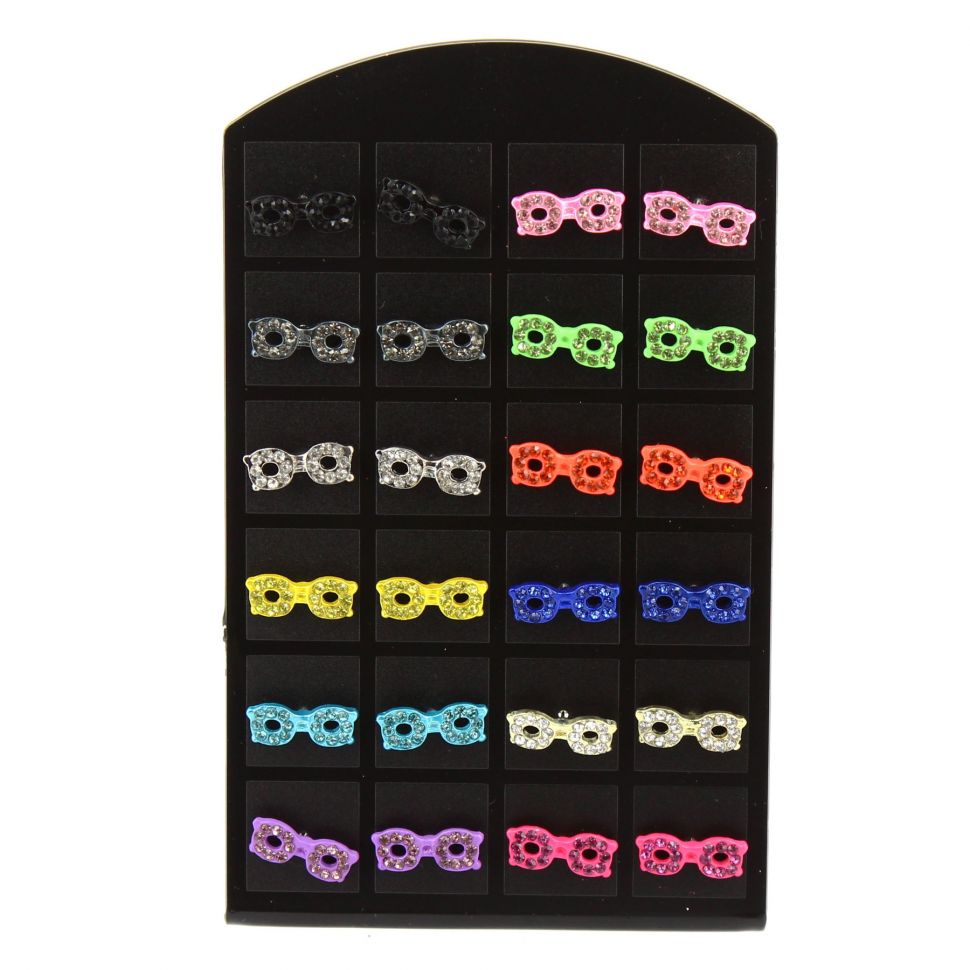 12 x paires de boucle d'oreilles sur présentoir, rondelle et strass en couleur, B01-2 Mixed colors - 1365-30569