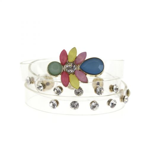 Bracelet 3 tours translucide Fleurs et strass, 8454 Noir-Or Multicouleur - 8454-33390