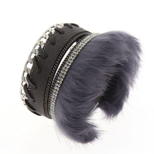 MAGDALENA Chains and fur cuf bracelet Grey - 10351-38611